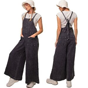 NWT Easel Black Mineral Washed Wide Leg Cotton Gauze Overalls Jumpsuit Sz Small